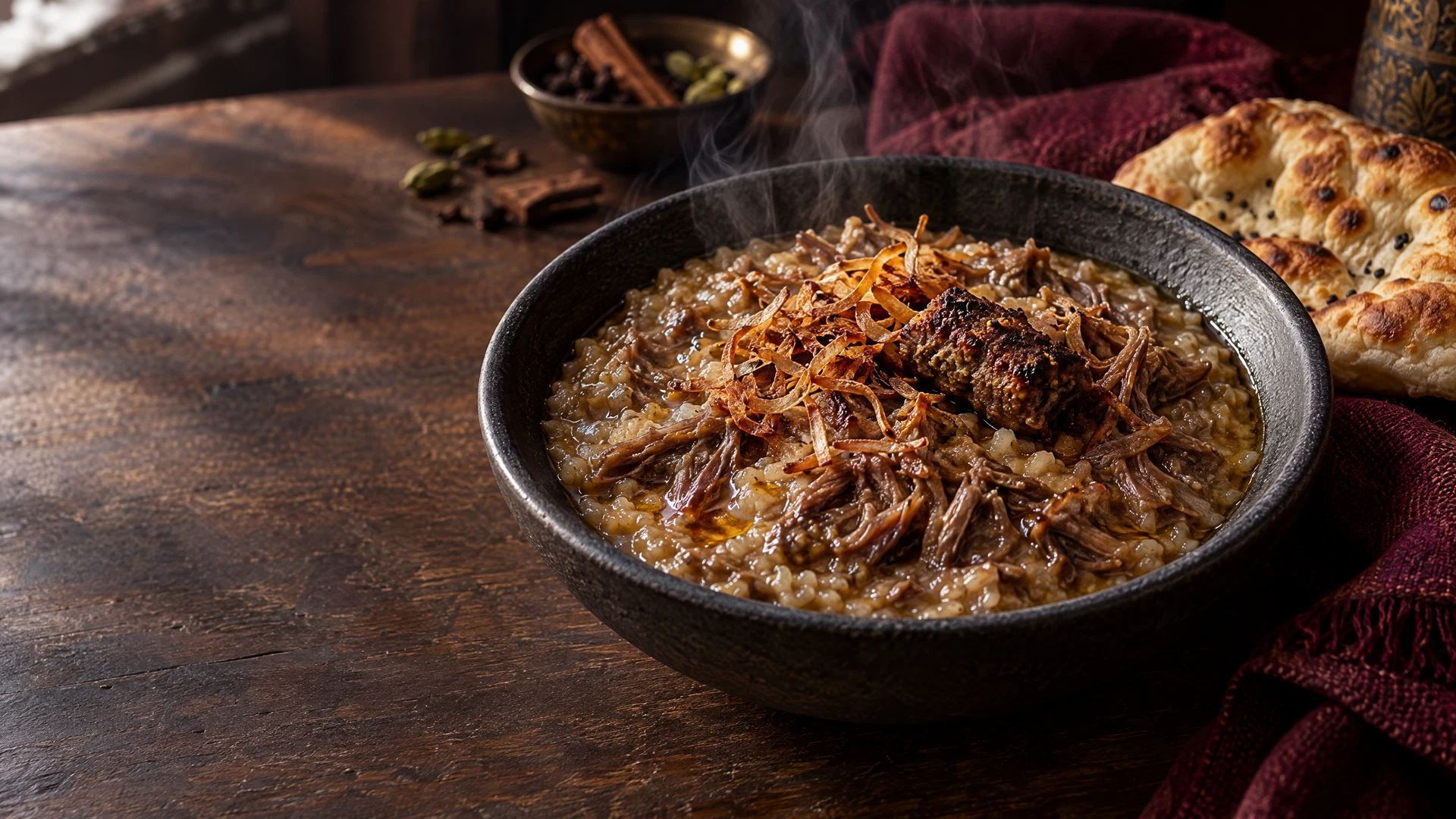 A bowl of silky Kashmiri lamb Harissa, slow-cooked and served with crisp accompaniments